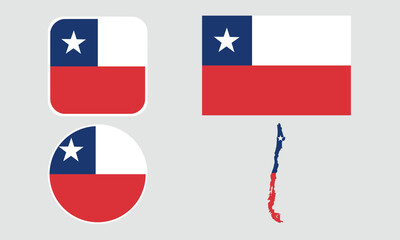 Chile Flag Icon Set. Round, Square, Rectangular, and Map Shapes. Ideal for presentations, infographics, apps, and web design.