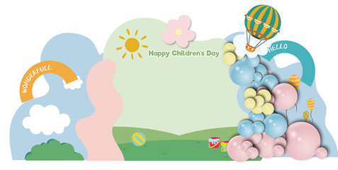 Celebrate Children's Day with vibrant balloons, a sunny sky, and whimsical decorations for party invitations and joyful designs, perfect for family events and kid-friendly projects