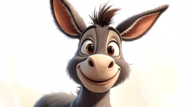 Cheerful animated donkey portrait with happy expression and expressive eyes on white background