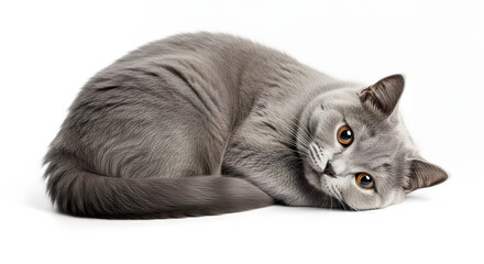 Sleeping British Shorthair Cat Curled Up on White Background
