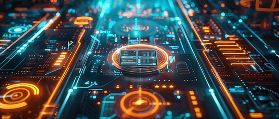 Futuristic motherboard illustration with vibrant neon glow for high tech concepts