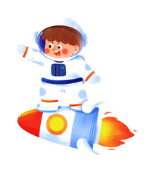 Whimsical astronaut boy soaring through space on a vibrant rocket, perfect for children's books, educational materials, and imaginative projects, embodying dreams and future exploration