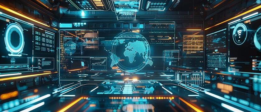 Advanced futuristic control room with world map display and sophisticated interface