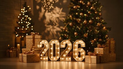2026 glowing numbers with Christmas tree and gift boxes
