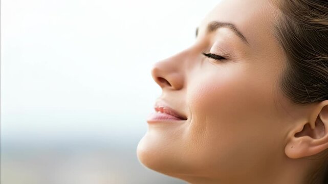 Young woman with closed eyes smiling, face turned upward, enjoying fresh air and sunlight outdoors, feeling calm and happy footage.