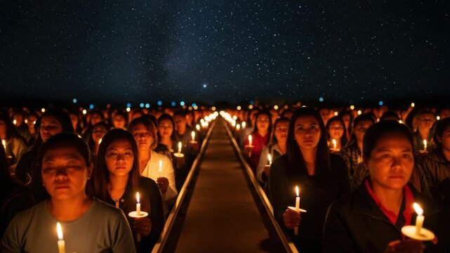 Candlelit vigil under starry sky: unity and reflection in peaceful gathering