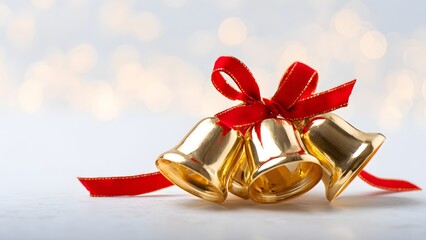Golden Christmas bells with red ribbon on soft background
