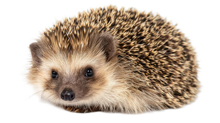 Obraz premium Cute hedgehog standing on white background with quills, small size, adorable facial expression, animal close-up view