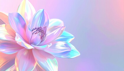 Fototapeta premium Holographic flower banner, copy space. Surreal flower in iridescent tones. Abstract bloom with holographic hues frame