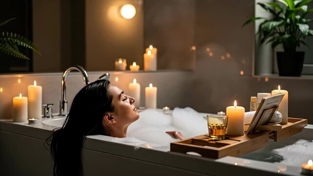 Woman relaxing in a bubble bath with candles and a drink on a tray, enjoying a soothing spa treatment at home. footage