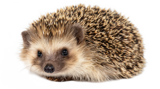 Cute hedgehog standing on white background with quills, small size, adorable facial expression, animal close-up view