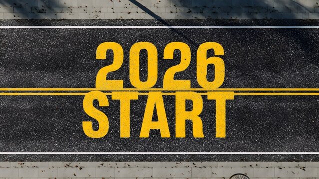 Bold yellow 2026 start text painted on asphalt road