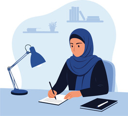 Woman in Hijab Writing at Desk with Lamp and Notebook.