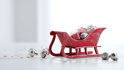 Red sleigh filled with gifts on white festive background