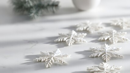White snowflake ornaments on clean minimalist surface
