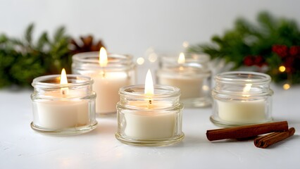 Glass candles with fir branches and cinnamon on white background