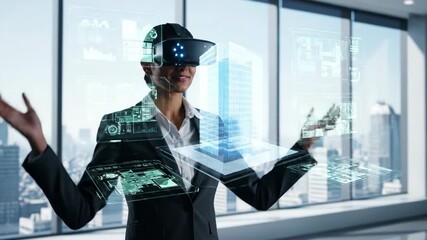 Woman using virtual reality headset to interact with an augmented reality building model and data in an office, virtual reality footage. - Powered by Adobe
