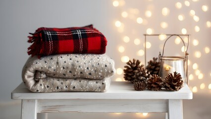 Folded blankets and pinecones on white bench with fairy lights