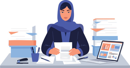 Professional Muslim woman in a blue hijab working at her desk with documents and a laptop.