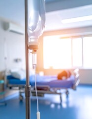 Blurred shot of a medical setting with IV drip and hospital bed