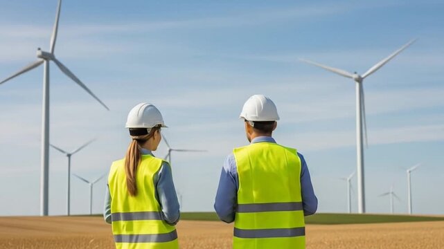 Engineers Discussing Wind Energy at Windmill Farm with Safety Gear