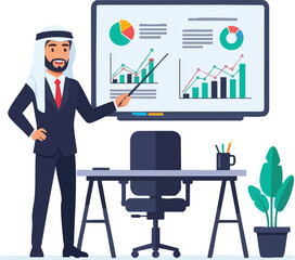 Arab Businessman Presenting Financial Data on Screen with Charts.