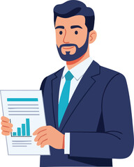 Businessman presenting positive financial report with bar graph illustration.