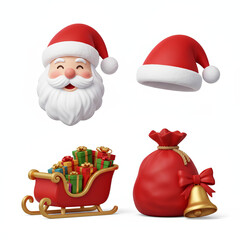 A 3D icon set featuring Santa Claus with sleigh, hat, and gift bag, designed with soft light reflections for a warm festive, Ai Generate.