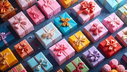 Array of colorful, wrapped boxes tied with decorative ribbons