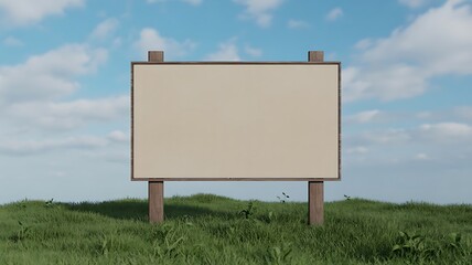 Blank wooden framed signboard on grassy hill empty