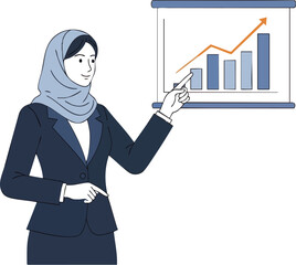 Businesswoman in hijab presenting financial growth chart.