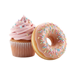 Pink Frosted Donut and Cupcake with Sprinkles