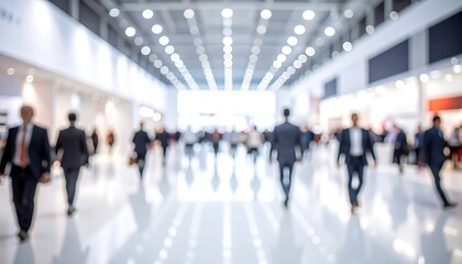 Blurred shot of business people walking in a large, modern exhibition hall