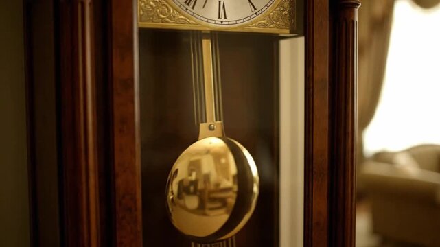 Close up of a wooden clock with pendulum indoor time passing concept