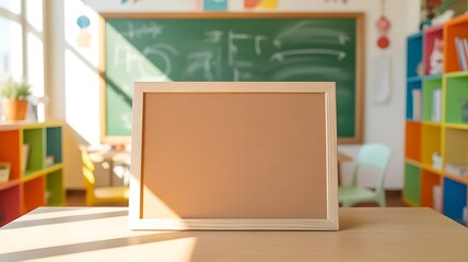 Classroom corkboard with colorful shelves and chalkboard