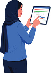 Young woman in hijab using a digital tablet for project management.