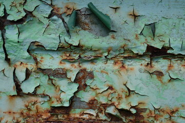 Grungy Peeling Green Paint on Rusted Metal Surface