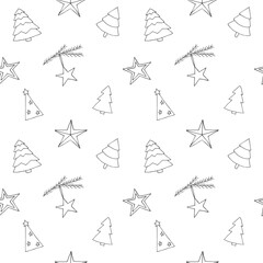 Christmas trees and stars seamless pattern, hand drawing, vector illustration