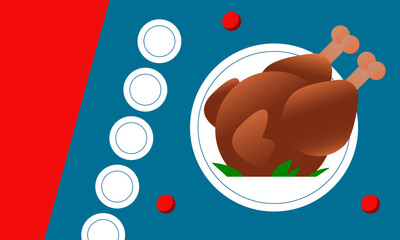 Thanksgiving Dinner Banner with Roasted Turkey. Holiday Food Background for Invitation or Menu. Vector Illustration.