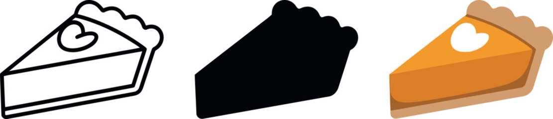 Delicious Pumpkin Pie Slice in Three Variations Line Silhouette and Color Illustration