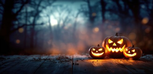 Spooky Halloween Scene with Carved Pumpkins in a Mysterious Forest