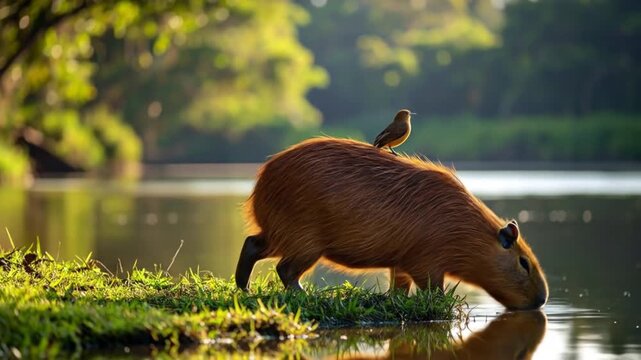 Capybara with a bird on its back by a tranquil river
