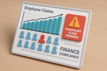 Naklejka premium Employee claims chart with rising bars and red icon warning of fraudulent claim, highlighting finance compliance and risk management in business operations