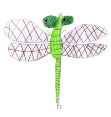Fairy tale dragonfly, hand drawn by colored pencils, isolated on a transparent background