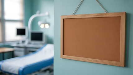 Cork board on pale blue wall wooden frame hanging