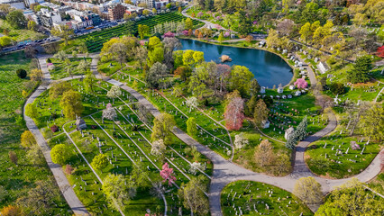 Aerial landscape of Greenwood Cemetery graveyard Borough Park Brooklyn in New York City NY