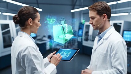 Woman and man scientists collaborating using tablet with virtual 3d printer design in laboratory. Future technology footage. - Powered by Adobe