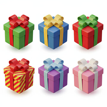 A 3D realistic icon set of wrapped Christmas gifts with ribbons and bows, perfect for luxury holiday designs and seasonal marketing visuals, Ai Generate.