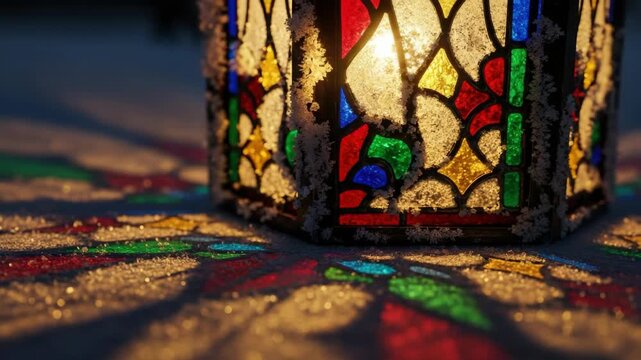 Vibrant stained glass lantern casting colorful shadows on textured surface - Powered by Adobe