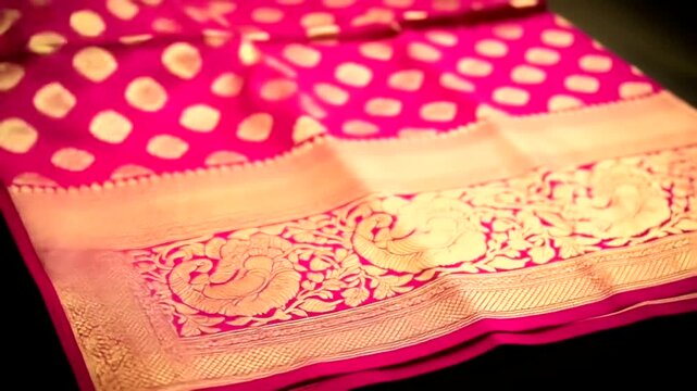 Vibrant pink silk saree with intricate gold embroidery and patterns